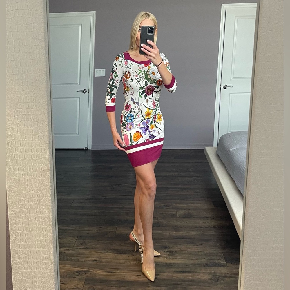 GUCCI Resort 2013 FRIDA GIANNINI Square Neck 3/4 Sleeve Floral Print Shift Dress